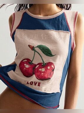 Women’s Graphic Muscle Tee with Cherry Print - NWOT